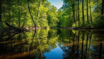 un tranquilo escena de natural belleza bosque, estanque, y arboles generado por ai foto