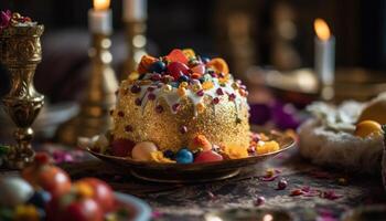 Illuminated panettone slice on ornate plate, a sweet indulgence generated by AI photo