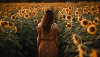 un alegre joven mujer en pie en un prado de girasoles generado por ai foto