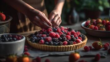 Handmade berry pie, fresh from the oven, on rustic table generated by AI photo