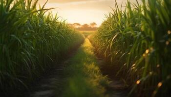 Harvesting corn crop in rural meadow, autumn vanishing point generated by AI photo