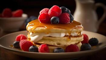 A gourmet stack of berry pancakes with whipped cream indulgence generated by AI photo