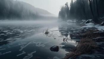 Tranquil scene foggy mountain reflects in calm, flowing water below generated by AI photo