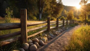 Tranquil sunset over rustic meadow, idyllic autumn landscape foreground focus generated by AI photo