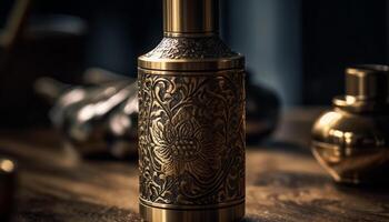 A luxurious perfume bottle, a shiny gold container for scented liquid generated by AI photo