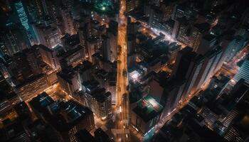 The illuminated skyscrapers of the financial district glow at dusk generated by AI photo