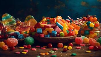 A colorful heap of sweet candy indulgence for a birthday celebration generated by AI photo