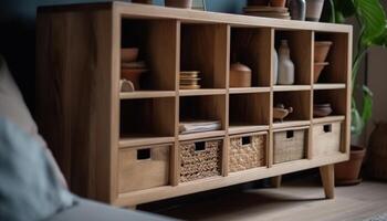 A rustic wooden bookshelf with drawers, a perfect storage compartment generated by AI photo