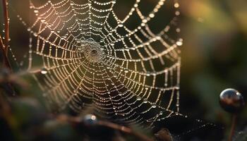 Spooky spider web traps dew drops in nature intricate pattern generated by AI photo