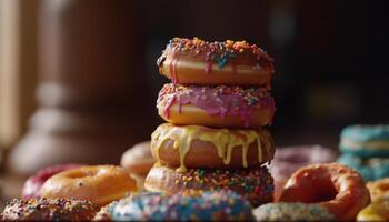 A homemade baked donut with multi colored icing and fresh strawberries generated by AI photo