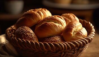 recién horneado un pan en rústico cesta, Perfecto para sano merienda generado por ai foto