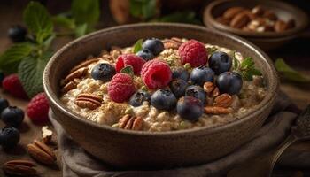 Fresh organic berry bowl with granola, yogurt, and honey indulgence generated by AI photo