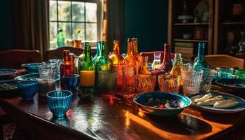 A colorful collection of bottles decorates the vibrant bar scene generated by AI photo