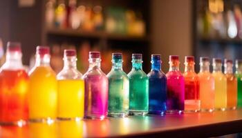 un vibrante colección de multi de colores botellas lleno con refrescante líquido generado por ai foto