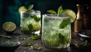 A rustic table with a spearmint mojito and lemon slice generated by AI photo