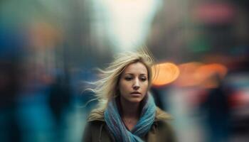 One young woman, outdoors in the city, smiling and fashionable generated by AI photo