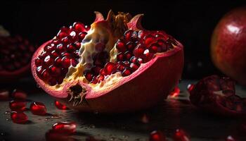 Juicy pomegranate slice on rustic wood table, a healthy snack generated by AI photo