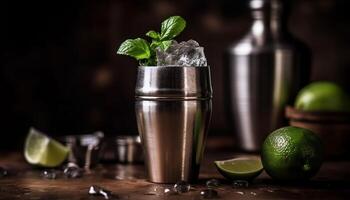 un rústico mojito con Fresco menta, Lima, y hielo cubitos generado por ai foto