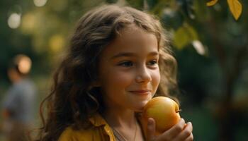 un despreocupado niña disfrutando Fresco manzana en naturaleza belleza generado por ai foto