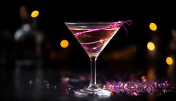 Martini glass reflects multi colored nightlife celebration at illuminated bar generated by AI photo