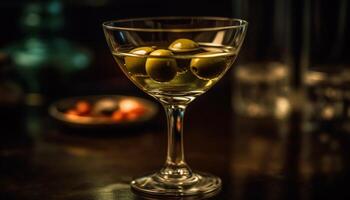A luxurious martini glass reflects the dark, elegant bar scene generated by AI photo
