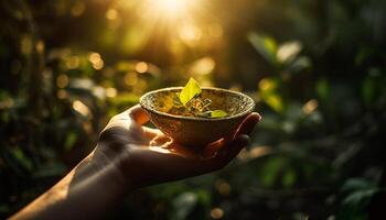 Fresh green leaves held by human hand, beauty in nature generated by AI photo