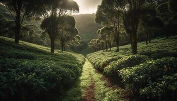 The green tree branch vanishes into the mountain landscape generated by AI photo