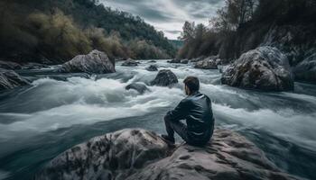 One person, a businessman, sitting on a rock meditating generated by AI photo