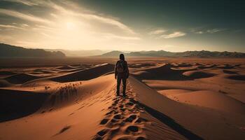 One person walking on sand dune, enjoying tranquil sunset generated by AI photo