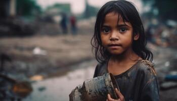 Smiling young woman holds wet child, surrounded by nature beauty generated by AI photo