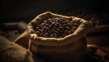 Freshly ground organic coffee beans in rustic burlap sack heap generated by AI photo