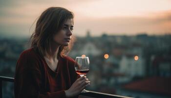 A young woman enjoys wine at a bar during sunset generated by AI photo