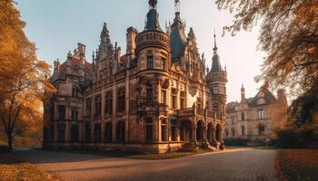 The Gothic style cathedral illuminated the city skyline at dusk generated by AI photo