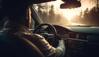 conducción a alto velocidad, uno hombre en un la carretera viaje generado por ai foto