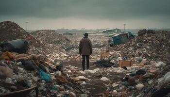 One person working in unhygienic garbage dump ruins landscape generated by AI photo