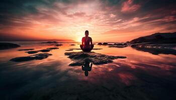 Meditating men and women find harmony in tranquil nature scenes generated by AI photo