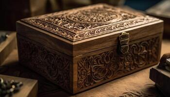 An antique leather Bible in an ornate wooden trunk generated by AI photo