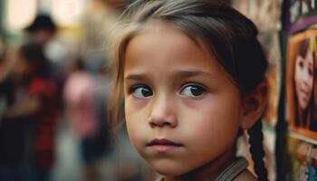 un linda retrato de un alegre niña mirando a cámara generado por ai foto