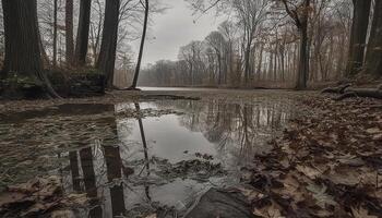 tranquilo otoño bosque, mojado hojas, misterioso niebla, escalofriante belleza generado por ai foto