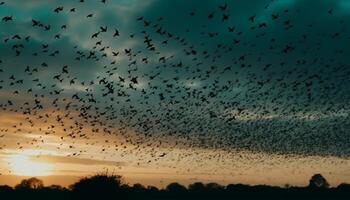 Silhouette of animal wings mid air in vibrant sunset sky generated by AI photo