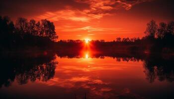 A tranquil sunset over the water, a vibrant tropical vacation generated by AI photo