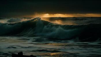 Breaking waves crash majestically against the awe inspiring seascape horizon generated by AI photo