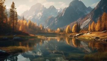 The majestic mountain range reflects in the tranquil pond below generated by AI photo