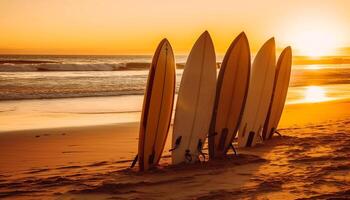 Surfing at dusk, a tranquil scene of beauty in nature generated by AI photo