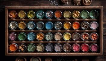 A large collection of colorful spices in a shiny bowl generated by AI photo