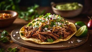 A gourmet taco plate with pulled pork, beef, and guacamole generated by AI photo