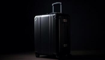 Wheeled leather suitcase for business travel, on black background generated by AI photo