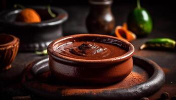 A homemade dessert in a rustic earthenware bowl with chocolate generated by AI photo