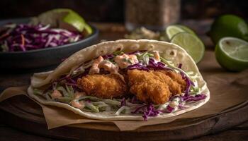 Fried fish taco with guacamole, cilantro, and tomato salsa generated by AI photo