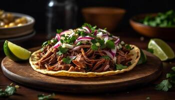 A gourmet taco plate with fresh ingredients and homemade sauce generated by AI photo